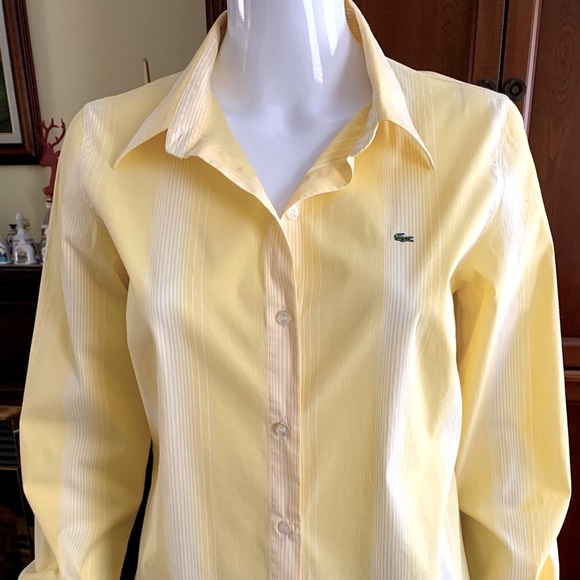 Lacoste yellow cotton woman dress shirt thin white stripes crocodile logo US 10 - Picture 13 of 15